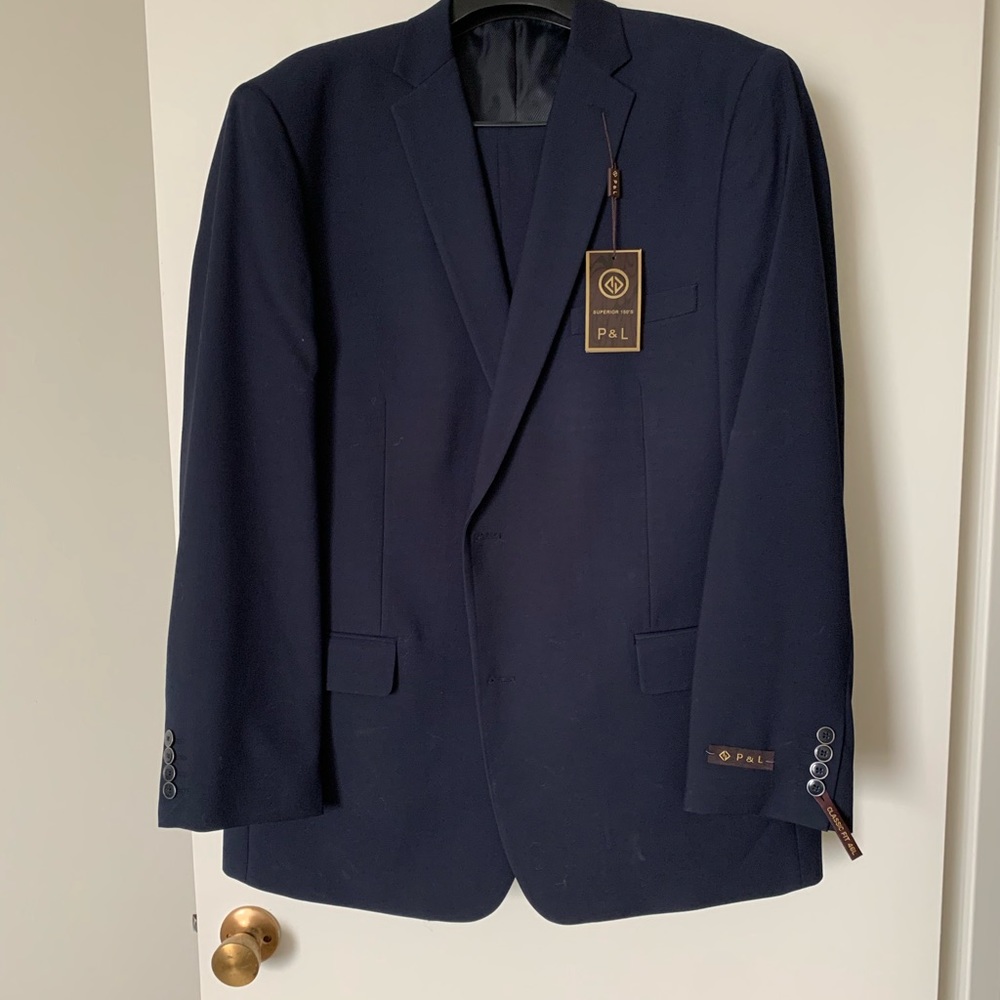Navy blue suit jacket and pant set